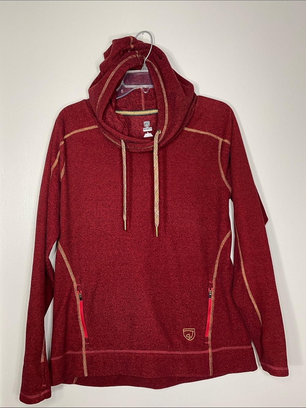 Women's Maroon Cowl-Neck Pullover Hoodie with Contrast Stitching